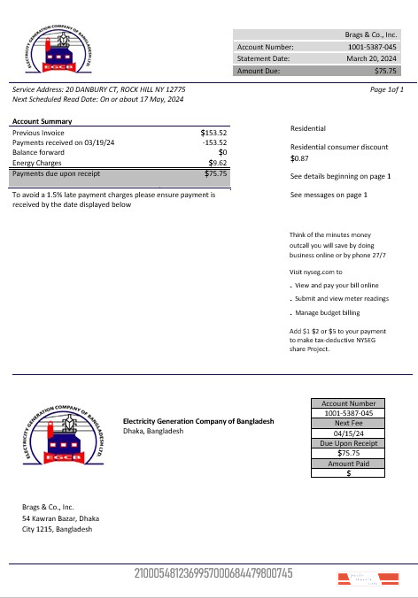 Bangladesh Electricity Generation Company of Bangladesh business utility bill template in Word and PDF format